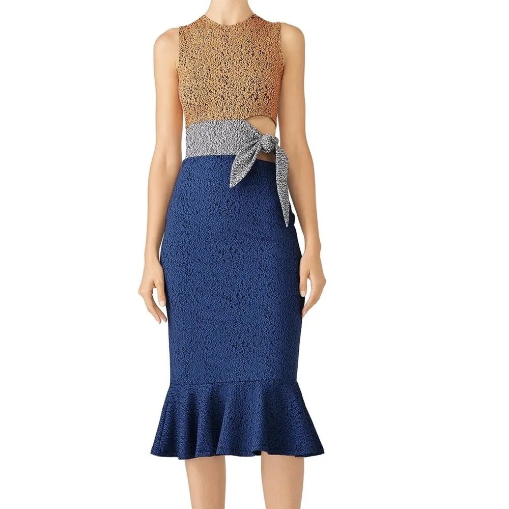 Opening Ceremony Lotus Blue Orange Tie Waist‎ Peplum Hem Pencil Dress Sz XS
